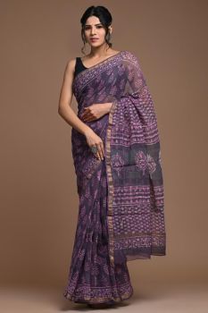 Ship Grey Hand Block Kota Doriya Printed Leaf Design Saree
