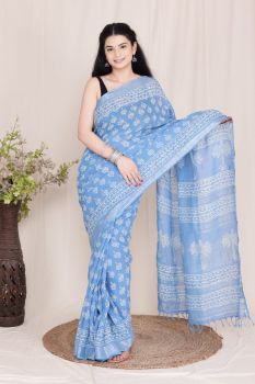 Sea Blue Hand Block Printed Linen Cotton Saree From Rajasthan
