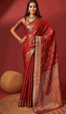 Brick Red Pure Handloom Silk Saree From Banaras
