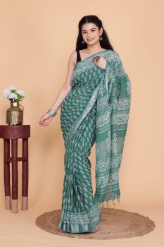 Green Hand Block Printed Linen Cotton Saree From Rajasthan
