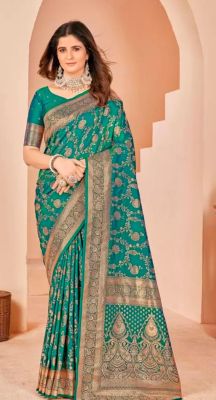 Dark Aquamarine Pure Handloom Art Silk Saree From Banaras