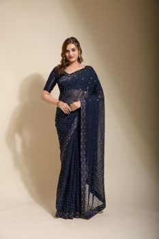 Dark Navy Blue Sequence Embroidery Work Georgette Saree