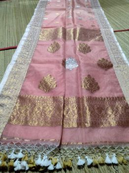 Pink Pure Handloom Dhakai Jamdani Resham Saree From Bengal