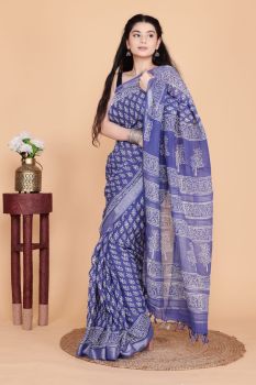 Blue White Hand Block Printed Linen Cotton Saree From Rajasthan