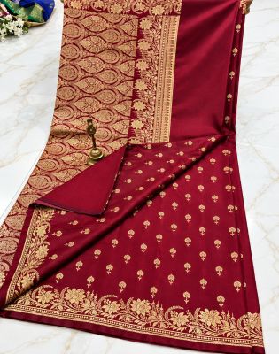 Maroom Banarasi Silk Leaf Design Saree From Banaras