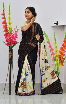 Black Pure Handloom Khesh Cotton Saree From Bengal