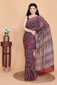 Maroon Hand Block Printed Linen Cotton Saree From Rajasthan