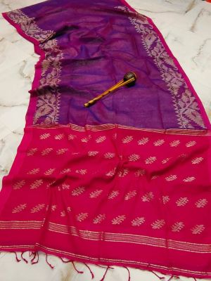 Multi Colour Pure Handloom Linen By Linen Saree From Bengal