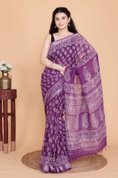 Purple Hand Block Printed Linen Cotton Saree From Rajasthan