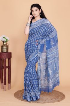 Blue Hand Block Printed Linen Cotton Saree From Rajasthan