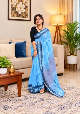 Blue Pure Handloom Cotton Saree From Bengal