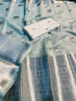 Light Blue Pan Patti Kanchipura Organza Silk Saree