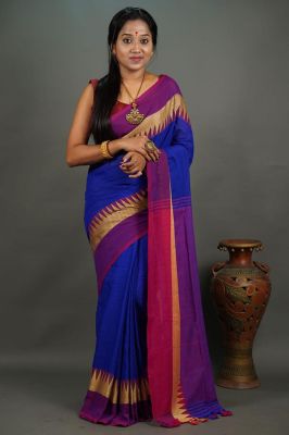 Royal Blue Pure Handloom Cotton Saree From Bengal