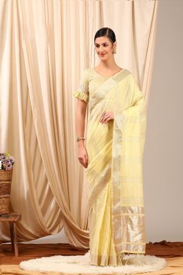 Peach Yellow Pure Handloom Silk Cotton Saree From Gujarat