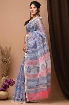 Carolina Blue Kota Doriya Printed Leaf Design Saree