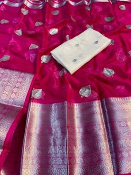 Rose Pink Pan Patti Kanchipura Organza Silk Saree