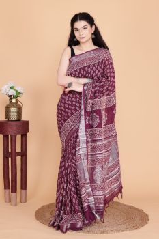 Maroon Hand Block Printed Linen Cotton Saree From Rajasthan
