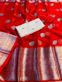 Red Pan Patti Kanchipura Organza Silk Saree