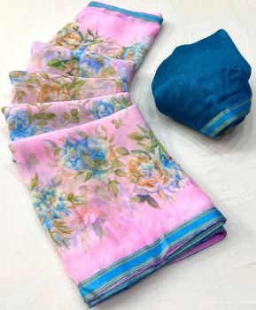 Pink Flower Design Printed Work Chiffon Saree