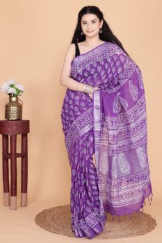 Purple Hand Block Printed Linen Cotton Saree From Rajasthan