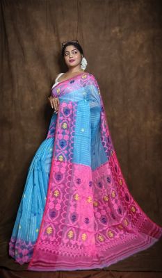 Sky Blue Pure Handloom Dhakai Jamdani Saree From Bengal
