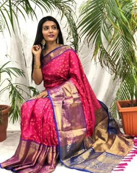 Rose Pink Leaf Design Kanchipuram Silk Saree