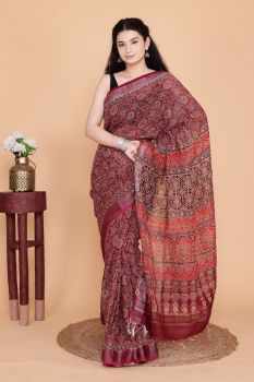 Maroon Hand Block Printed Linen Cotton Saree From Rajasthan