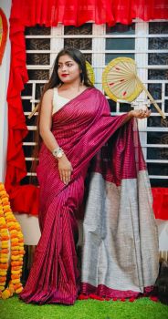 Magenta Purple Pure Handloom Cotton Saree From Bengal