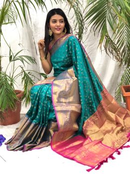 Teal Blue Leaf Design Kanchipuram Silk Saree
