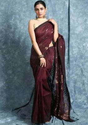 Red Wine Pure Handloom Linen By Linen Saree From Bengal