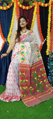 White Pure Handloom Dhakai Jamdani Saree From Bengal