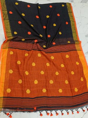 Black Orange Pure Handloom Cotton Saree From Bengal