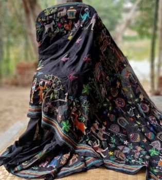Black Kantha Embroidery Bangalore silk Saree From Bengal