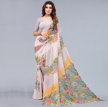 White Printed Georgette Saree
