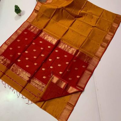 Golden Red Pure Handloom Maheshwari Silk Cotton Saree From Bengal
