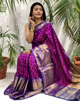Purple Leaf Design Kanchipuram Silk Saree