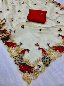 Cream Peacock Design Embroidery Diamond Work Organza Saree