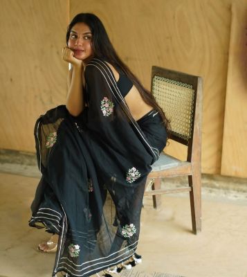 Black Pure Handloom Mulmul Cotton Saree From Bengal