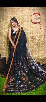 Black Pure Handloom Linen By Linen Saree From Bengal