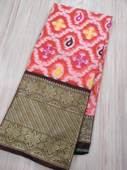 Peach Peacock Design Cotton Alif Patola Saree