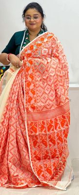 Cream Orange Pure Handloom Dhakai Jamdani Saree From Bengal