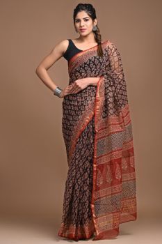 English Walnut Hand Block Kota Doriya Printed Leaf Design Saree