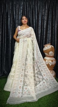 White Pure Handloom Jamdani Saree From Bengal