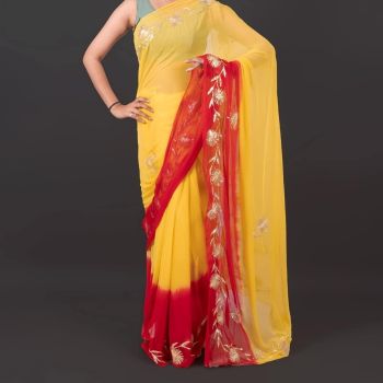 Yellow And Red Gota Work Chiffon Saree
