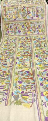 Cream Pure Handloom Kantha Silk Saree From Bengal