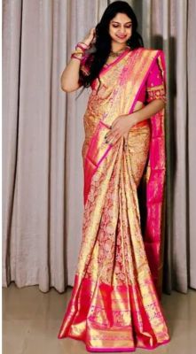 Dark Pink Golden Pure Handloom Banarasi Silk Saree From Banaras