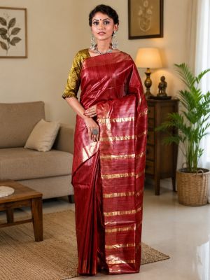 Red Tussar Ghicha Silk Elegant Pure Handloom Saree From Bhagalpur