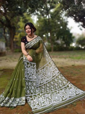 Mehandi Green Pure Handloom Dhakai Jamdani Saree From Bengal
