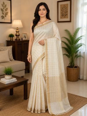 White Premium Quality Bhagalpur Tussar Silk Handloom Saree
