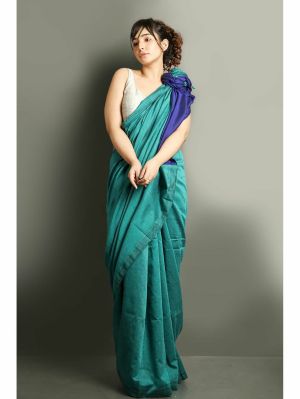 Aqua Blue Pure Handloom Cotton Saree From Bengal